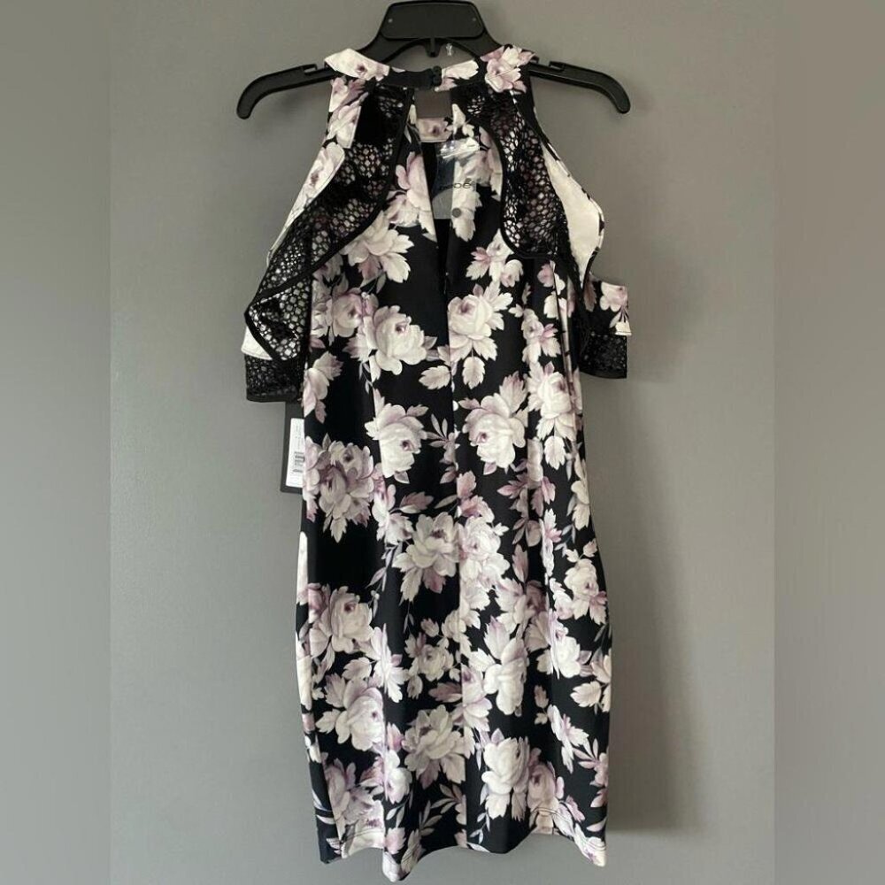 Lace Cold Shoulder Bebe Floral Mini Dress NWT Bodycon Sz 10 Black White Pink - Picture 5 of 16